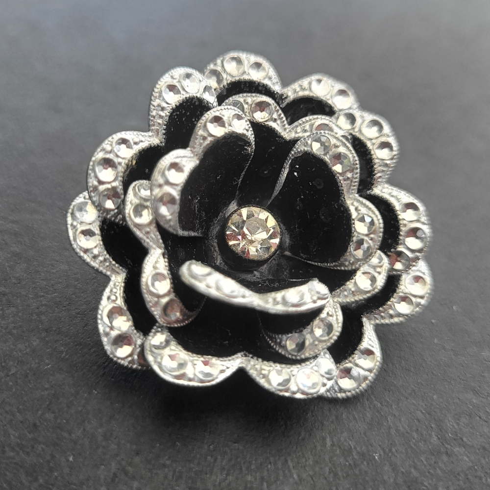 Vintage German Black & Silver Flower Brooch